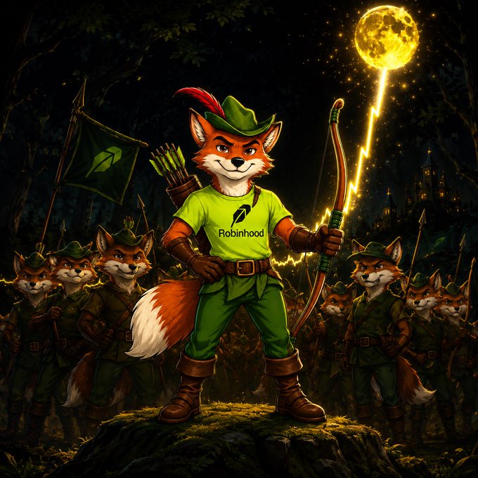 A confident fox archer stands triumphantly atop a mossy rock, drawing back a glowing golden bow crackling with lightning under a full moon, wearing a green t-shirt emblazoned with the "Robinhood" logo, flanked by an army of fox archers in a dark forest. The image ties directly to the post's reference to the $RobinHoodMeme crypto project, using the iconic "robbing from the rich" narrative where the fox hero and his army visually represent the meme's branding, ticker, and rallying theme of taking from the wealthy—as the commenter questions what will be done with the remaining dev supply.