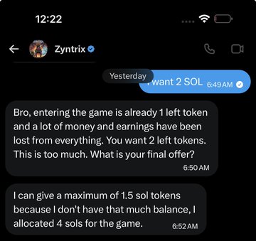 The image shows a text message conversation between two people, with one person asking for a maximum of 1.5 tokens from another player. The other person has already sent them half before receiving the code. The person who sent the code seems to be upset or angry about this request and is blocking the sender on their phone.