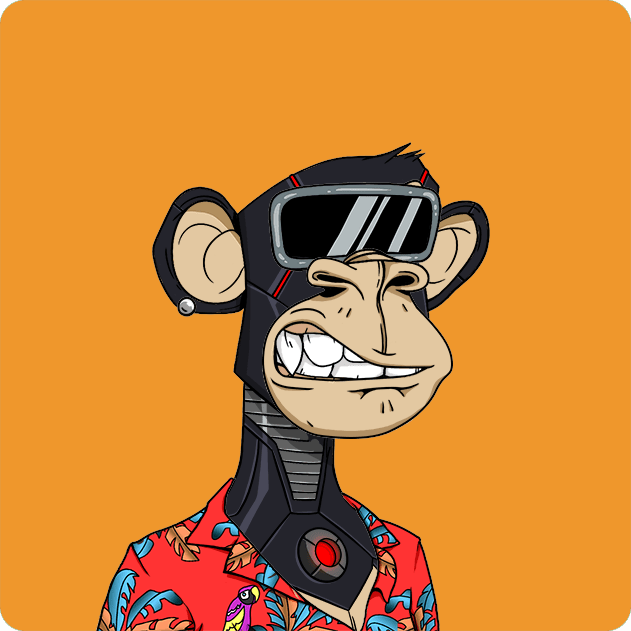 A cartoon NFT-style illustration of an anthropomorphic ape character wearing a red tropical shirt and futuristic VR/tech goggles with a robotic neck, set against an orange background.