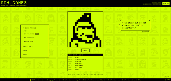A pixelated character profile page on the "OCH GAMES" website featuring a hooded figure with sunglasses, navigation links including "GAMES," "MY GAMES," "COMMUNITY," and "SUBMIT GAME," along with a quote: 'The stair-cut is not cleared for public comentery.'