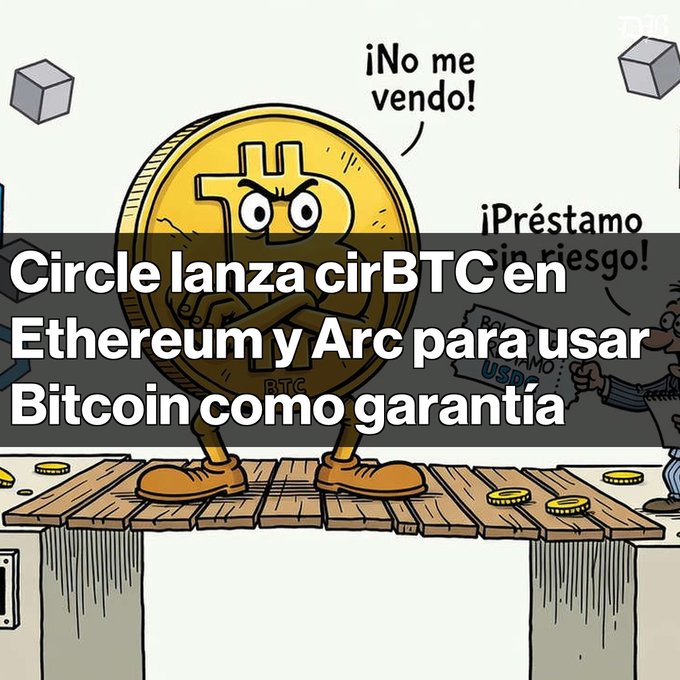 A cartoon image of a Bitcoin coin character with arms crossed, captioned in Spanish 'Circle lanza cirBTC en Ethereum y Arc para usar Bitcoin como garantía' with background speech bubbles reading '¡No me vendo!' and '¡Préstamo sin riesgo!'