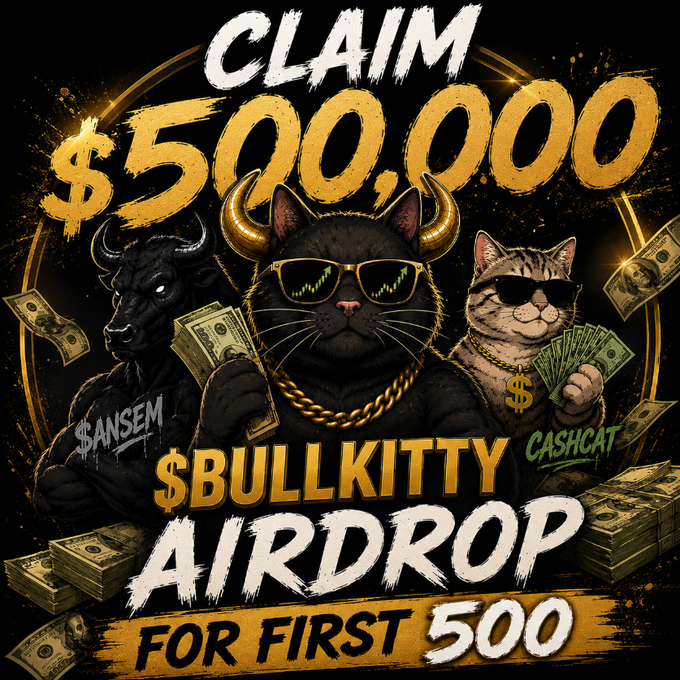 The image is a promotional graphic featuring a black cat in gold sunglasses with horns, flanked by a bull labeled "SANSEM" and a tabby cat labeled "CASHCAT," with text reading "CLAIM $500,000" and "$BULLKITTY AIRDROP FOR FIRST 500." It visually represents the "$BULLKITTY" memecoin airdrop promotion advertised in the post, referencing both "$ANSEM" and the requested engagement (follow, RT, like, and SOL address comment).