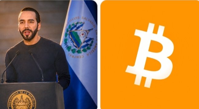 President of El Salvador Nayib Bukele stands at a podium bearing the "Presidencia de la República" seal alongside the Salvadoran flag, paired with the orange Bitcoin logo to represent the nation's growing BTC holdings of 7,746 coins valued near $500 million.