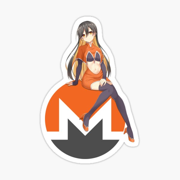 An anime-style sticker featuring a character with long dark hair and orange clothing sitting on the orange and black Monero cryptocurrency logo.