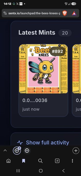 A mobile screenshot of the sentx.io Launchpad displaying a 'Latest Mints' section featuring a 'Bee's Knees' NFT (#892) that was minted just now.