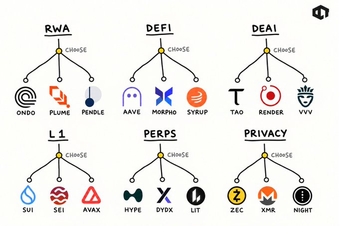 An infographic categorizing crypto projects into six sectors—RWA (Ondo, Plume, Pendle), DEFI (Aave, Morpho, Syrup), DEAI (TAO, Render, VVV), L1 (Sui, Sei, Avax), PERPS (Hype, DYDX, LIT), and PRIVACY (ZEC, XMR, NIGHT)—each with a 'Choose' decision tree.