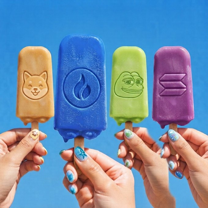 Four hands with decorated nails hold up colorful popsicles featuring cryptocurrency logos: a Shiba Inu dog (orange), a flame symbol (blue), a Pepe frog (green), and the Solana logo (purple).