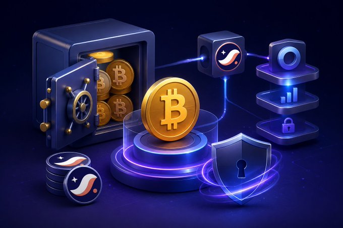 A digital illustration showing a large gold Bitcoin in the center, surrounded by a safe containing more bitcoins, crypto tokens, and floating interface panels displaying security, analytics, and lock icons against a dark blue background.