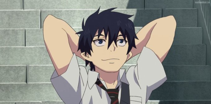 An anime character with dark blue hair and a white shirt with a red-striped tie, leaning back with hands behind his head against a grey stone wall.