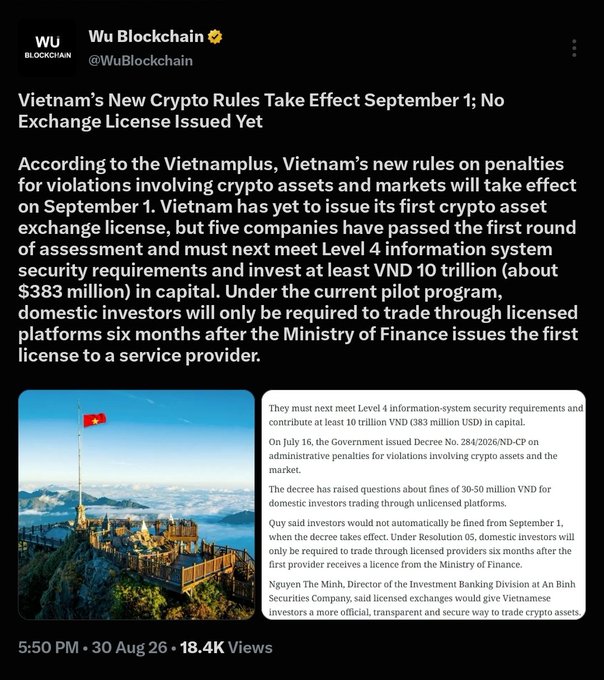 A screenshot of a tweet by Wu Blockchain (@WuBlockchain) about Vietnam's new crypto rules taking effect September 1, with the headline 'Vietnam's New Crypto Rules Take Effect September 1; No Exchange License Issued Yet' and an image of a mountain landscape.