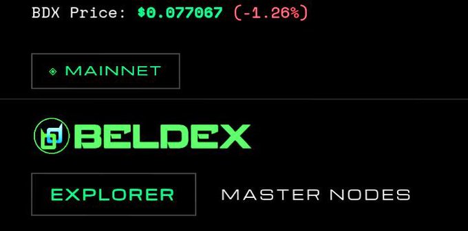 A dark digital interface displaying 'BDX Price: $0.077067 (-1.26%)' with navigation buttons for 'MAINNET', 'BELDEX', 'EXPLORER', and 'MASTER NODES'.