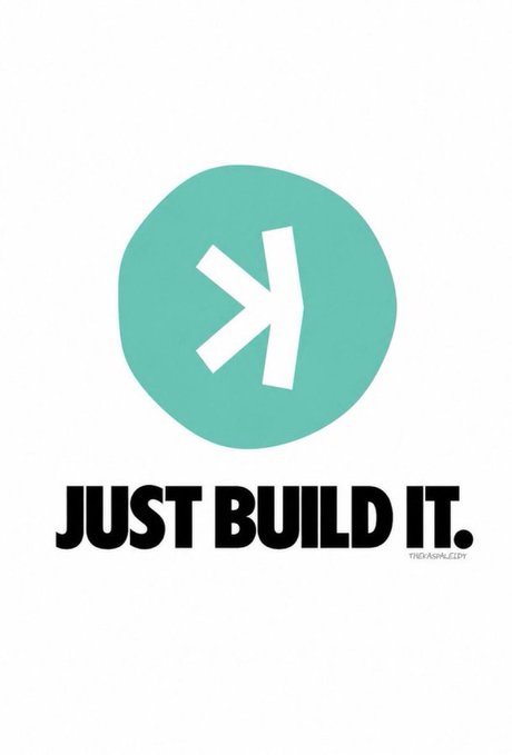 The image features a teal circle with a stylized white "K" logo above the bold black text "JUST BUILD IT." It visually echoes the post's call to action for the Kaspa ($KAS) community, using the "Just Build It" slogan as a rallying cry to encourage Fireblocks to support the Kaspa blockchain.