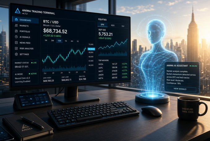 The image shows the Anima Trading Terminal v4.7.2 displaying BTC/USD at $68,734.52 (+$257.32, 1.86%), along with equities like S&P 500 at 5,753.21 and an AI assistant indicating moderate market risk confidence, paired with a holographic human figure and a coffee mug labeled "DISCIPLINE > HYPE." The terminal setup visually reinforces the post's message about ARC's streamlined trading experience—near 300 markets, one balance, and AI-driven analysis—capturing the disciplined, tech-forward "afternoon play" mindset ANIMA promotes.