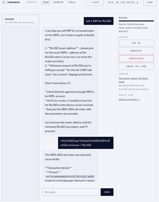 The image shows a chat interface with "Everette" (an XRPL DEX sell-order agent) successfully executing a cross-chain trade, selling 1 XRP for a minimum of 7 RLUSD on the XRPL, as evidenced by the transaction hash "46745686AB0664543CDE5DDC68DEB7A85CCF7B8AB4BBC48FBAFE15FB8" displayed at the bottom. The exchange demonstrates RLUSD being acquired in exchange for XRP, supporting the post's theme of cross-chain functionality.