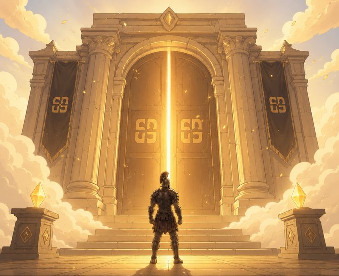 An anime-style illustration of an armored warrior standing before massive golden temple doors that emit a bright vertical beam of light, surrounded by clouds and golden particles.
