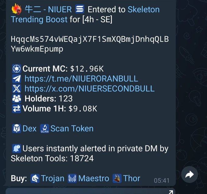 A cryptocurrency trading alert for '牛二 - NIUER' showing it's entered a Trending Boost, with Current MC: $12.96K, 123 Holders, and links to Telegram and X (formerly Twitter).