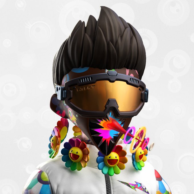 A 3D-rendered character with spiky black hair wearing orange-tinted ski goggles, a colorful mask, and a necklace of rainbow flower characters with smiley faces against a white background.