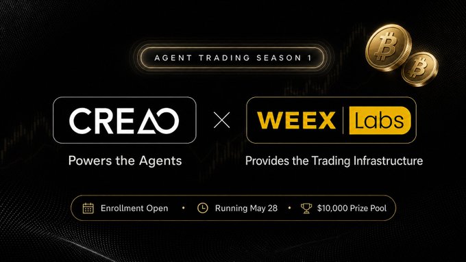 The image features a black background with gold text that reads "CREAO + WEEX LABELS = POWERS THE AGENTS. PRIVATE MARKET EXCHANGE. RUNNING A PUBLIC". The text suggests that the partnership between CREAO and WEEX is focused on providing an exchange for trading, while leveraging their respective strengths to power agents in the market.