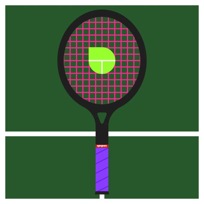 Illustration of an Adidas tennis racket with pink strings, a yellow tennis ball on the strings, purple grip, set against a green tennis court background.