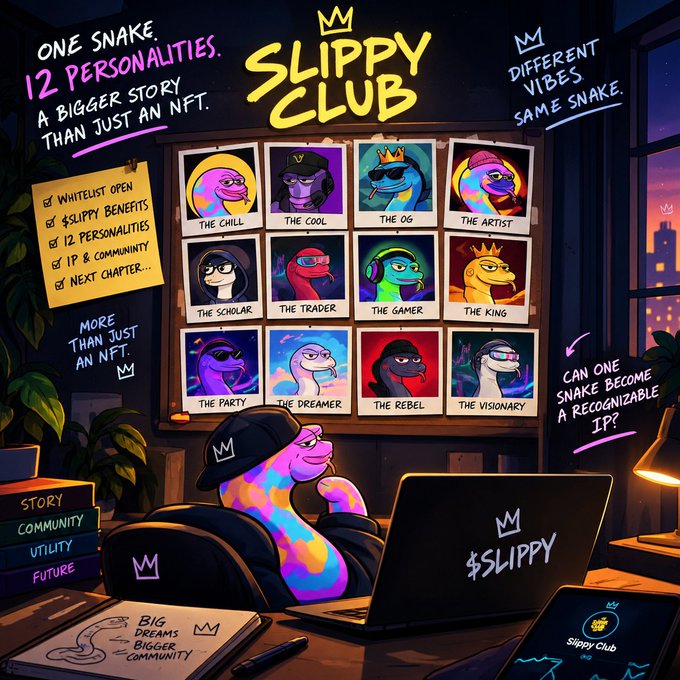 An NFT promotional graphic for 'SLIPPY CLUB' featuring 12 different snake characters labeled 'THE CHILL', 'THE COOL', 'THE OG', 'THE ARTIST', 'THE SCHOLAR', 'THE TRADER', 'THE GAMER', 'THE KING', 'THE PARTY', 'THE DREAMER', 'THE REBEL', and 'THE VISIONARY'.