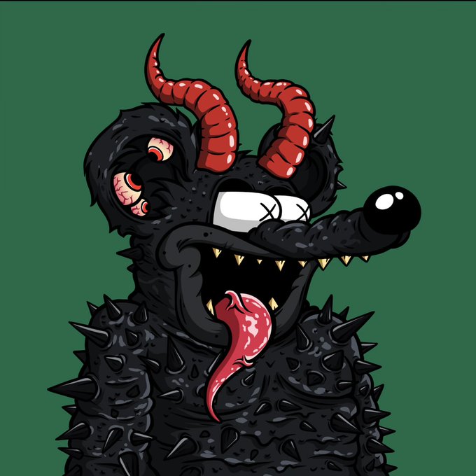 A cartoon illustration of a menacing black, spiky creature with red horns, bloodshot eyes, sharp teeth, a long red tongue, and a red X over one eye, set against a green background.