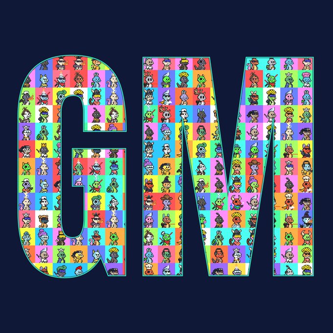 Large letters spelling 'GM' filled with a colorful grid pattern of various cartoon character avatars.