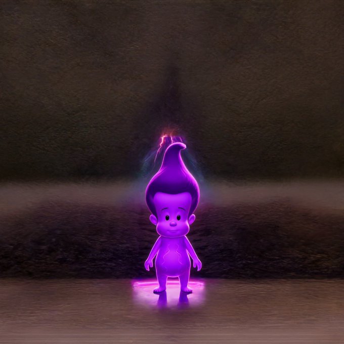 A purple 3D-rendered troll-like figure with a tall flame-shaped hairdo stands on a wooden floor against a dark background.