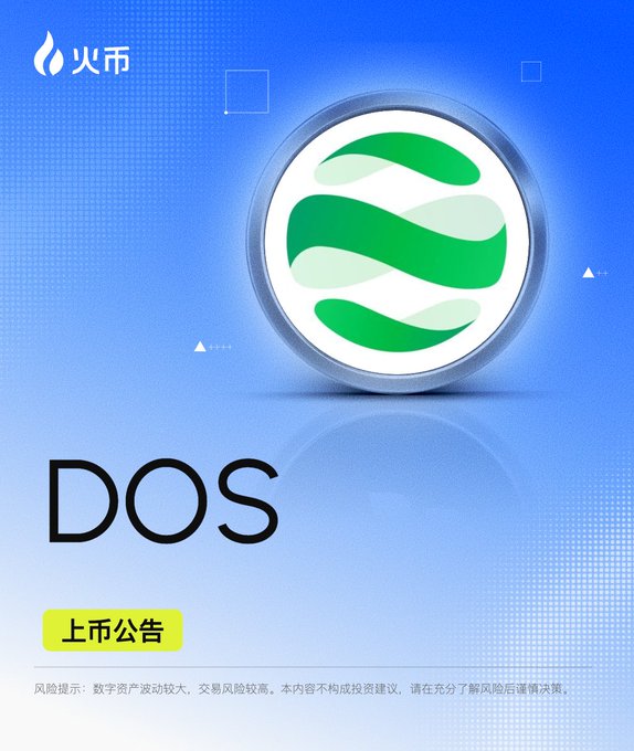 The image is an HTX listing announcement for $DOS (DAPPOS), featuring a green wave-patterned coin logo on a blue gradient background, with text indicating "上市公告" (Listing Announcement) and a risk warning that digital assets are volatile and the content does not constitute investment advice.