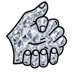 A digital artwork depicts a hand made of reflective, diamond-like shards giving a thumbs-up gesture.