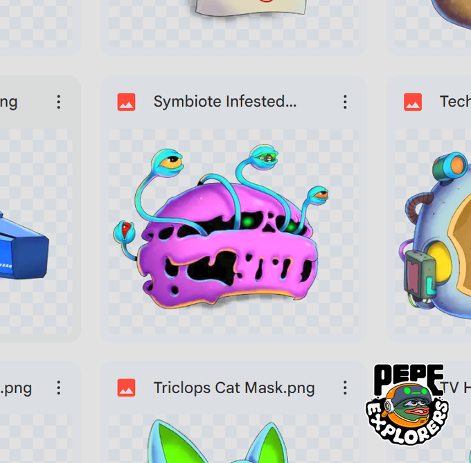 The image features a collage of different cartoon characters with various descriptions. One of the characters is a pink, green, and blue helmet that says "Symbiote Infested... Symbiote Infested...". The other characters include a cat mask, a trilop hat, and a robot. The post also mentions that the helmet belongs to Pepe Explorer's and talks about how it has been transformed into an alien symbiote.