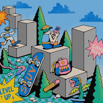 A colorful, cartoon-style illustration shows characters interacting with 3D geometric blocks, a skateboard with 'VANS' written on it, and elements like 'LEVEL UP' and 'CAME' in a playful outdoor setting.