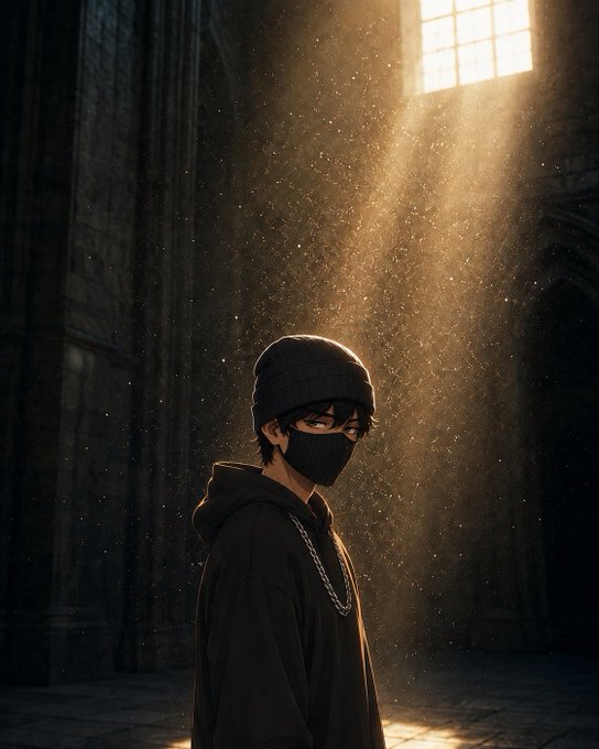 An anime-style character in a black hoodie, beanie, and face mask stands in a dark, dusty room illuminated by a beam of sunlight from a window.