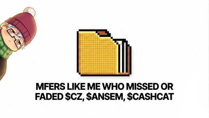 A meme featuring a character in a winter hat next to a folder icon with the text "MFERS LIKE ME WHO MISSED OR FADED $CZ, $ANSEM, $CASHCAT".