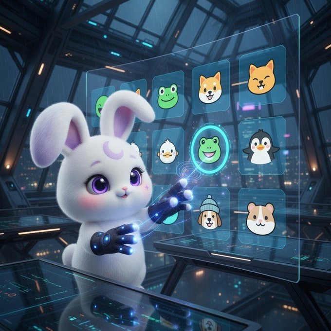 A cute white fluffy bunny with a glowing tech gauntlet hovers in a futuristic control room, tapping a holographic display showcasing animal-themed crypto icons—including a highlighted green frog token surrounded by cats, ducks, penguins, and dogs—as it contemplates which mid-cap token deserves attention.
