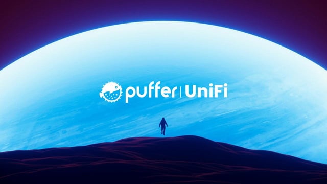 Sci-fi illustration showing a lone figure standing on a dark landscape beneath a massive pale blue planet, with the 'puffer UniFi' logo and text overlaid in the center.