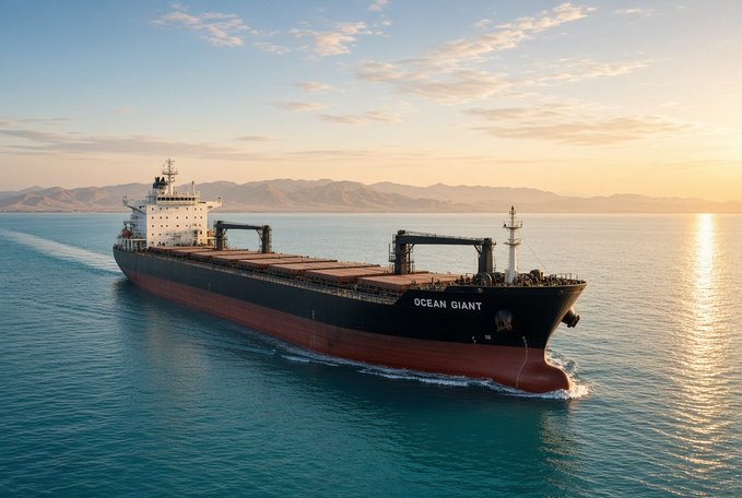An aerial view of a large cargo ship labeled 'OCEAN GIANT' sailing on calm waters toward a sunset with mountains in the distance.