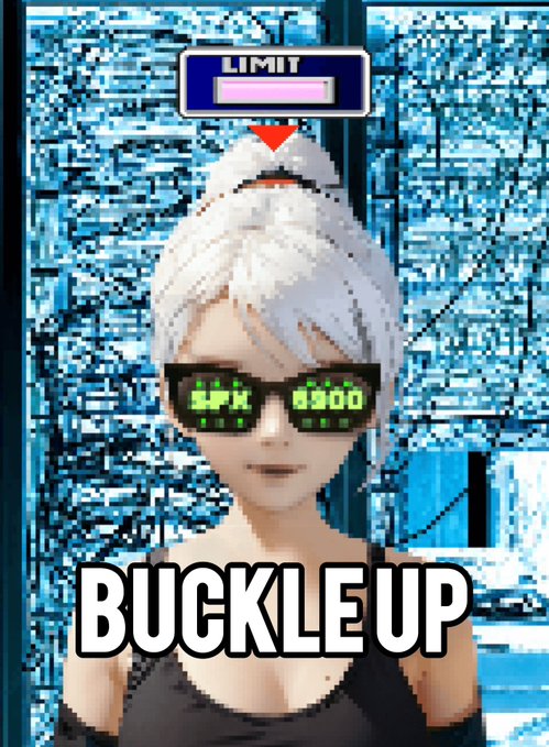 A video game character with white hair wearing sunglasses displaying 'SPX 8500' stands before a circuit board backdrop, with text reading 'LIMIT' at the top and 'BUCKLEUP' overlaid at the bottom.