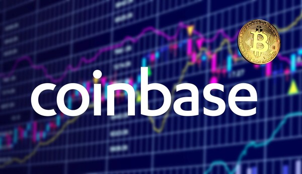 The Coinbase logo displayed in white over a dark background featuring colorful stock market charts and a physical Bitcoin coin.