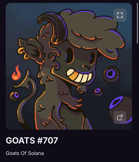 A digital NFT artwork titled 'GOATS #707' from the 'Goats Of Solana' collection, depicting a stylized dark cartoon goat with a mischievous grin and fiery elements.
