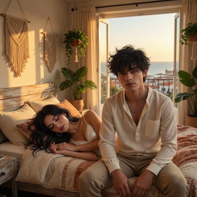 A stylized image shows a young man sitting on a bed next to a woman who is sleeping, set in a bright room with a window overlooking the ocean.