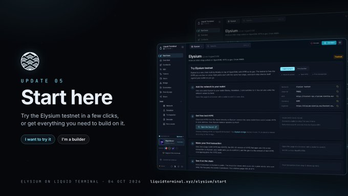 A promotional webpage titled 'UPDATE 05 - Start here' for 'Elysium on Liquid Terminal' (dated 04 OCT 2024), featuring buttons that read 'I want to try it' and 'I'm a builder', alongside screenshots of a dark-themed dashboard interface.