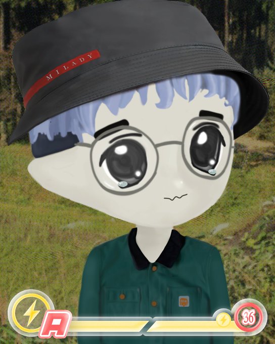 A 3D animated avatar with large teary eyes and blue hair wears a black bucket hat reading 'MILADY' along with a green jacket, set against a green outdoor background with health and energy bars at the bottom.