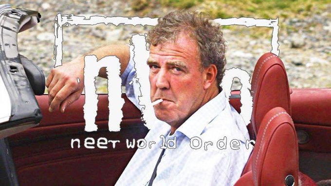 In this image, a man is sitting inside a red car while smoking a cigarette and leaning his head back with his arms crossed. The car appears to be an older model. The image also contains text that references two other images of the same guy in different settings - one in front of a black camera and another in front of a white car, both seemingly related to the man's current position inside the vehicle. The caption includes terms like "neet world order" and "less than $100k holders", possibly indicating some sort of media or social issue involving this guy or his image.