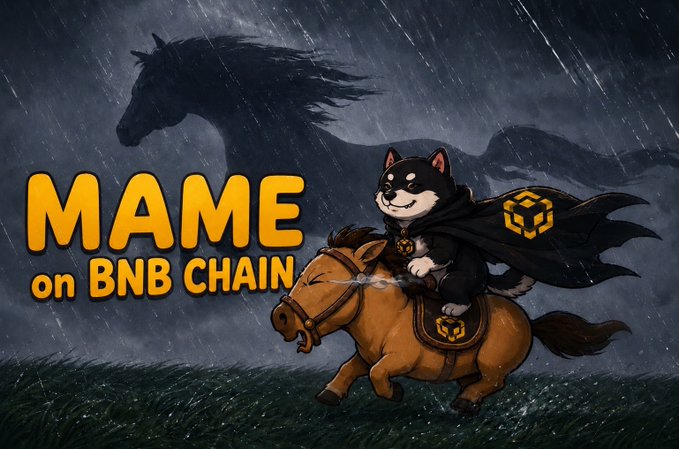 A promotional graphic featuring a Shiba Inu dog wearing a Batman-style cape and riding a horse in the rain, with bold yellow text reading 'MAME on BNB CHAIN'.