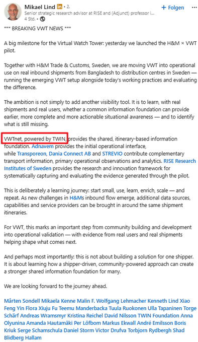 A LinkedIn post by Mikael Lind about the H&M × VWT (Virtual Watch Tower) pilot, with the text "VWTnet, powered by TWIN" highlighted by a red box.