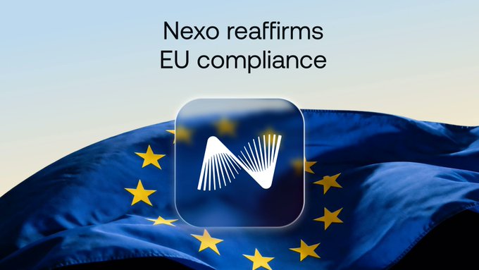 The image features the Nexo logo prominently displayed over a backdrop of the European Union flag, with the headline "Nexo reaffirms EU compliance" at the top. This visual reinforces the accompanying post's message about Nexo's commitment to operating within the European Economic Area through MiCAR-licensed partners for custody and brokerage services.