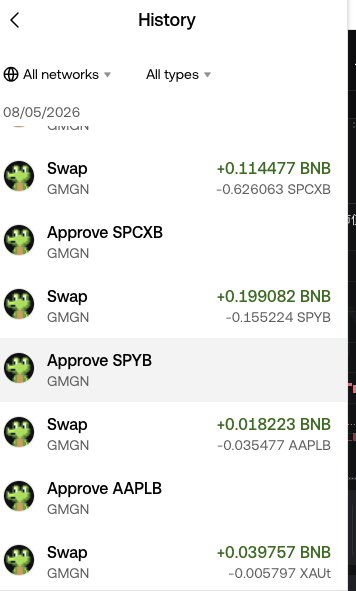 A mobile app screen showing a transaction history for 'GMGN', displaying a list of 'Swap' and 'Approve' operations involving various tokens like SPCXB, SPYB, AAPLB, and XAUt, with BNB and token amounts listed.