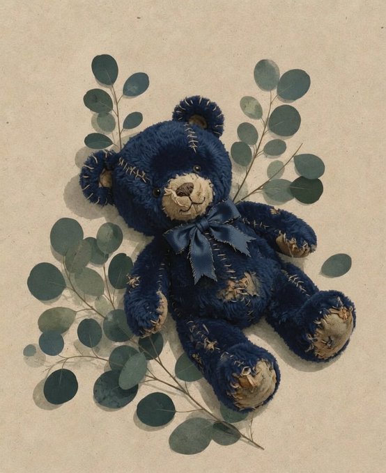 A vintage-style photograph shows a navy blue stitched teddy bear with a blue ribbon, lying on a cream background surrounded by green eucalyptus leaves.