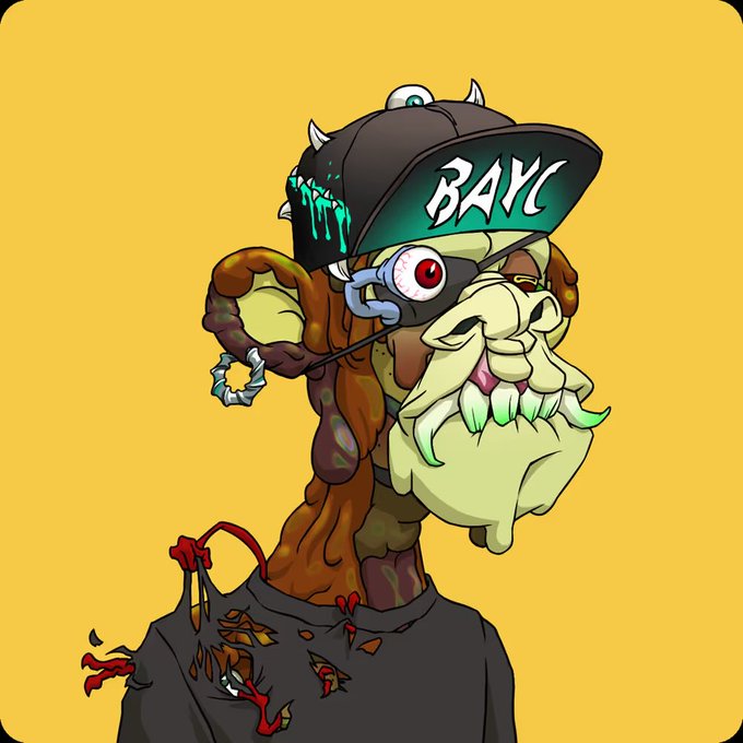 A cartoon illustration of a zombie-like character wearing a black 'BAYC' (Bored Ape Yacht Club) cap and a torn shirt, with a metal ring through its nose, against a yellow background.