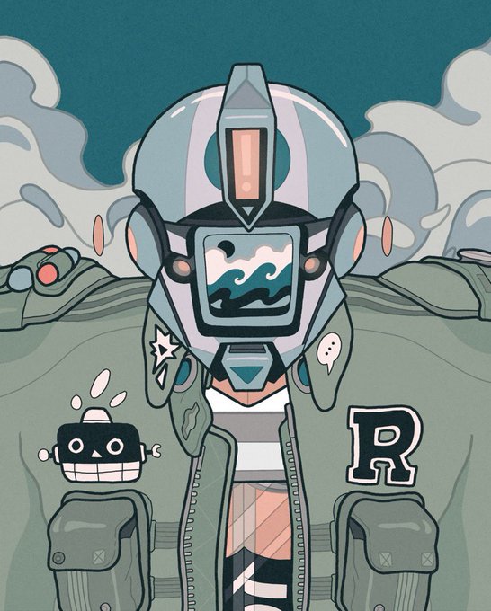 An illustration depicts a character wearing a futuristic helmet with a wave design on the visor and a green jacket with an 'R' patch on the shoulder.